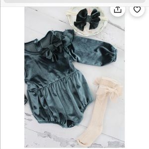Velvet romper from Etsy matching socks and bow for hair.